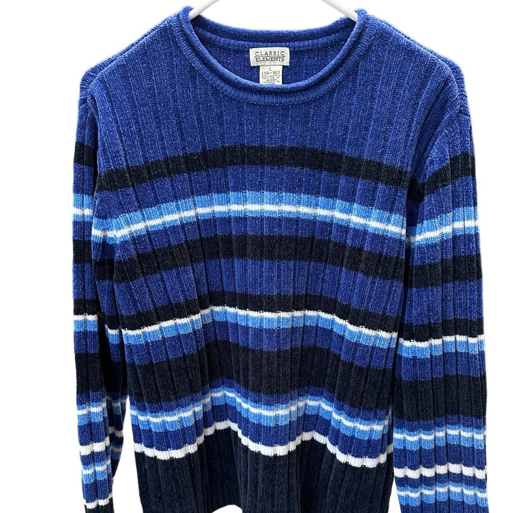 Classic Elements Women Blue Sweater Size L(14-16) Striped Long Sleeves Pre-owned